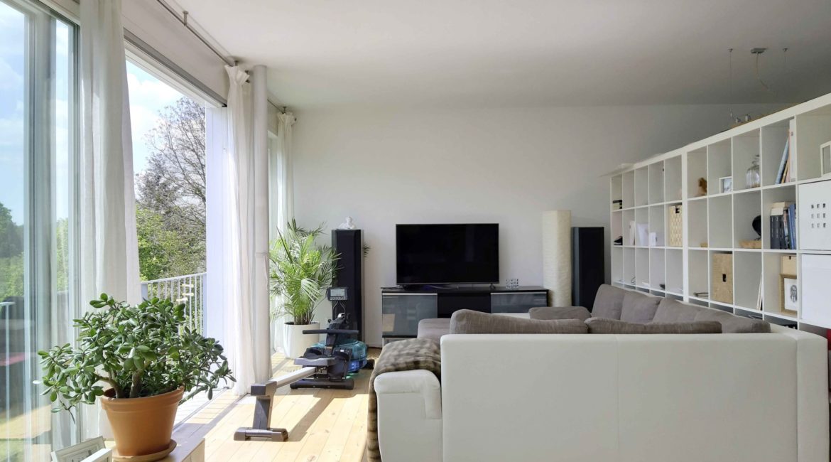 Modern eingerichtetes Wohnzimmer mit Sofa, Fernseher, Regal und heller Beleuchtung durch große Fensterfront links