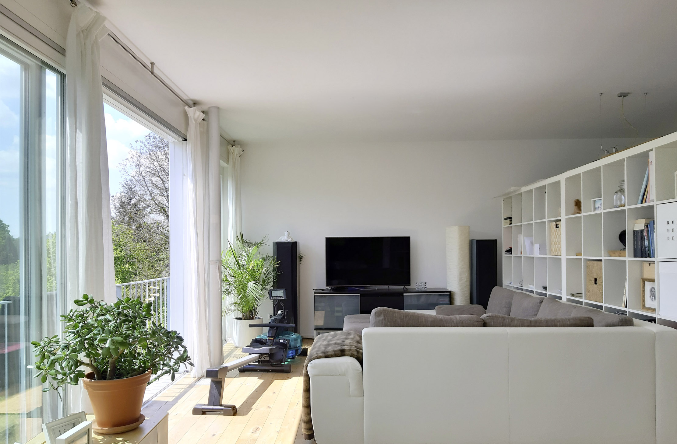Modern eingerichtetes Wohnzimmer mit Sofa, Fernseher, Regal und heller Beleuchtung durch große Fensterfront links